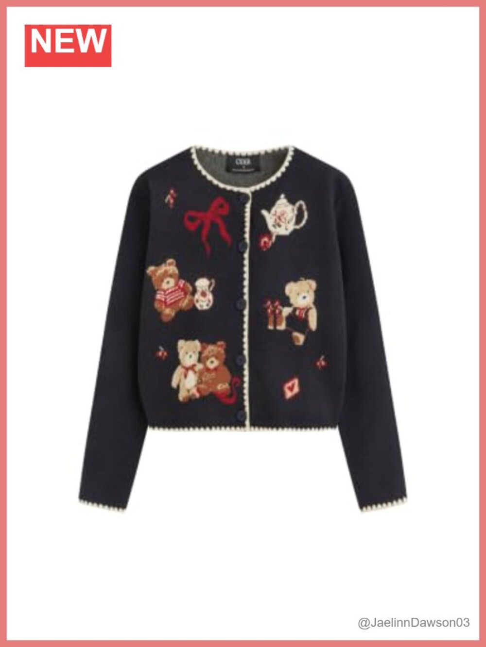 Cropped Cardigan Sweater Animal Pattern Crew Neck Button Knit Women